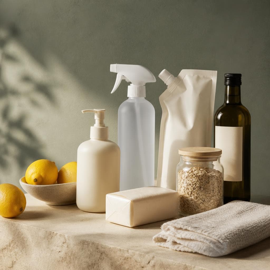 Unbranded household, personal care, and pantry goods arranged in a sunlit still life